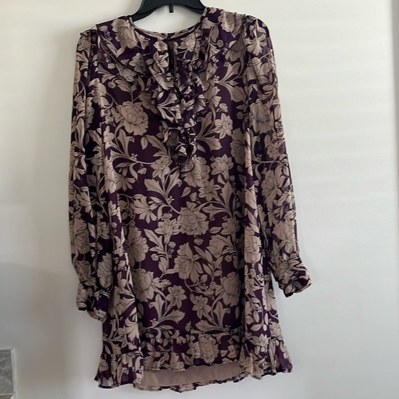 Zara Womens Sz M Purple And Tan Floral Chiffon Ruffle Mini Dress Long Sleeves - Picture 2 of 14